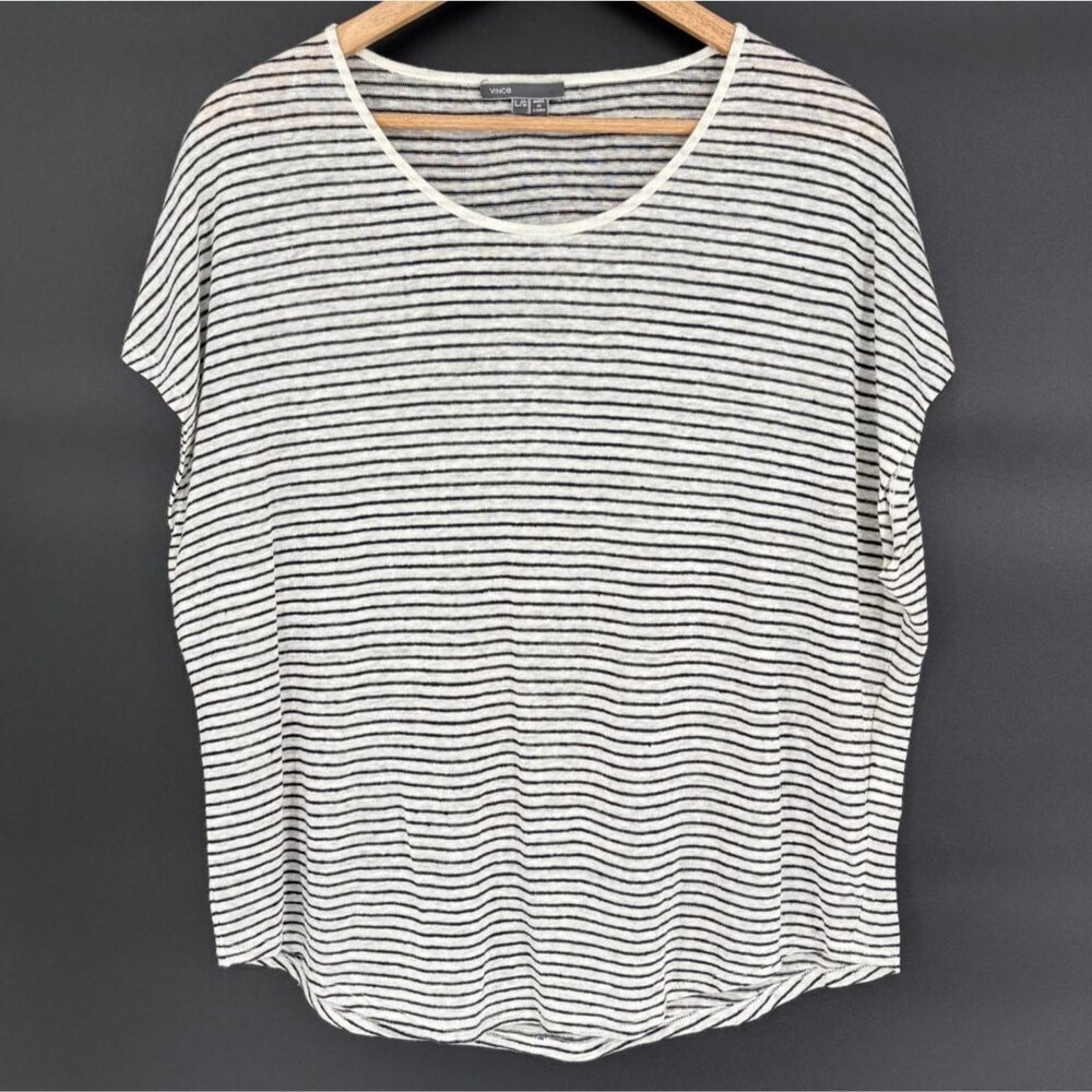 Vince Women's Short Sleeve Striped Linen Top L Black White Coastal Quiet Luxury